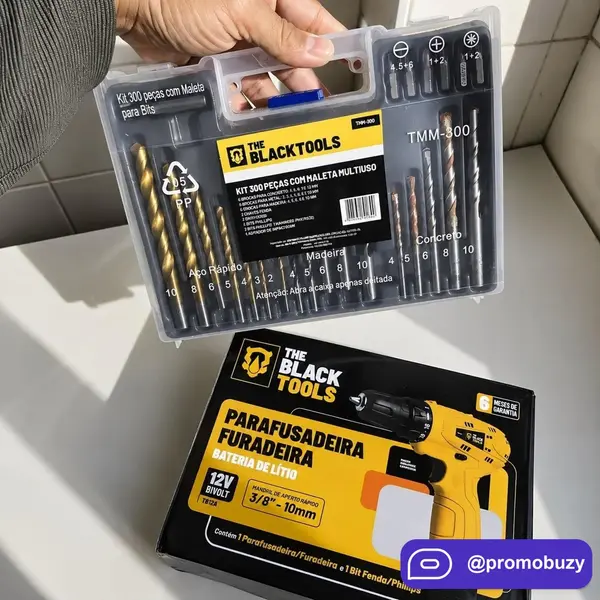 Parafusadeira Furadeira The Black Tools + Jogo de Brocas E Buchas 300 Peças